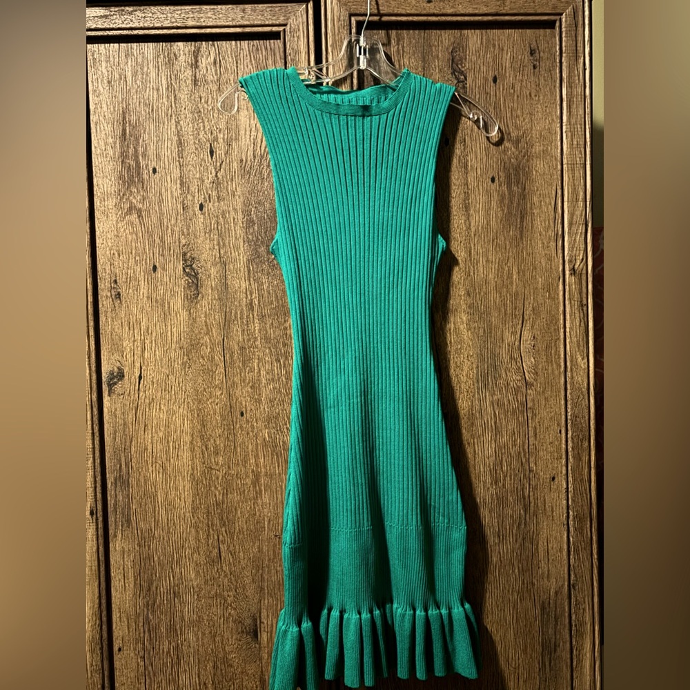 NWOT Women’s sleeveless knit ruffle hem dress in Kelly/emerald green, size large - Picture 8 of 11